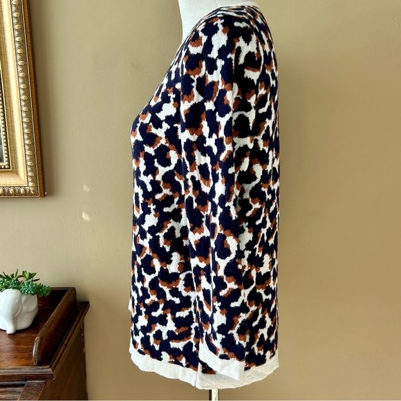 Ann Taylor Leopard Wool Blend Sweater Crew Neck 3/4 Sleeve Navy Brown Cream L - Picture 5 of 10